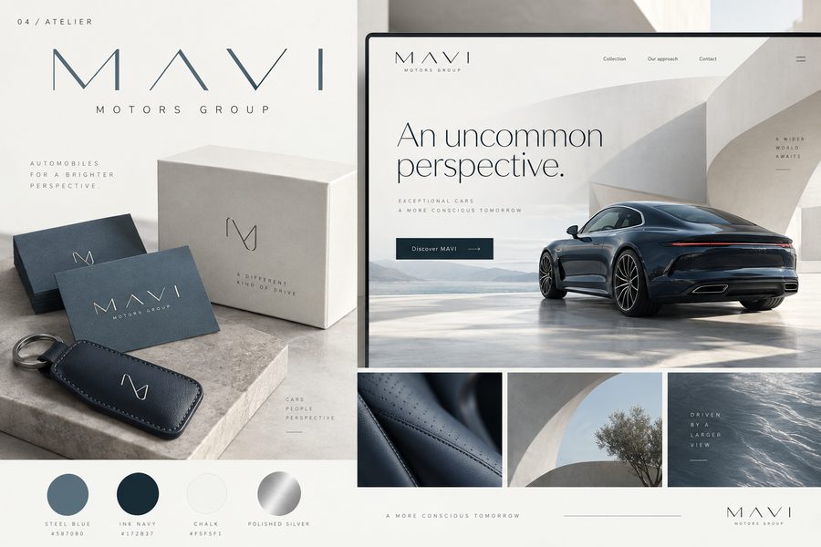 MAVI Atelier identity with fine lettering, steel blue business cards, silver monogram, key sleeve, and a bright website concept